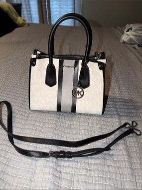 Michael Kors White and Black Stripe Mercer Satchel